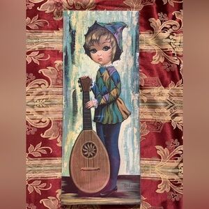 Vintage EDEN Big Eye Harlequin Boy With Mandolin Child’s Wall Plaque